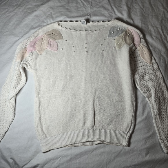 Vtg Sweater Pastel Leaves M  Faux Pearls‎  80s 90s Unbranded - Picture 13 of 13